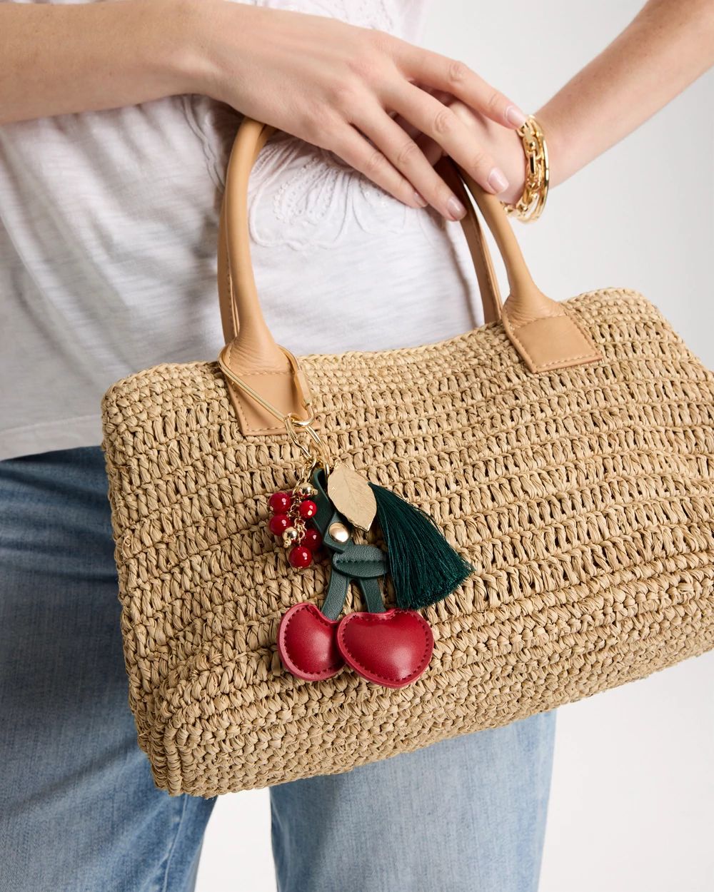 Faux Leather Cherry Bag Charm Key Chain click to view larger image.