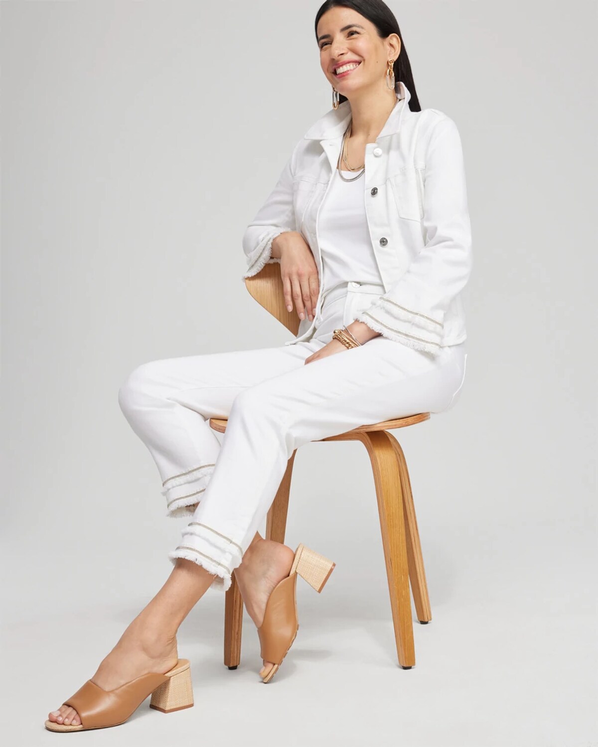 Chico's No Stain Double Fray Denim Jacket In Alabaster Size Large | In White