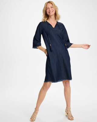 Denim Frayed Knee-Length Dress click to view larger image.