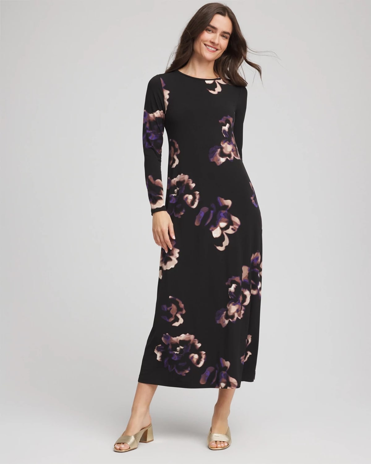 Chico's Floral Boatneck Column Maxi Dress In Black In Black