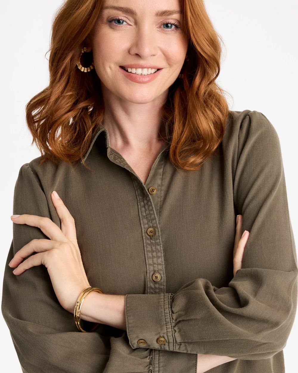 Denim Puff Sleeve Shirt click to view larger image.