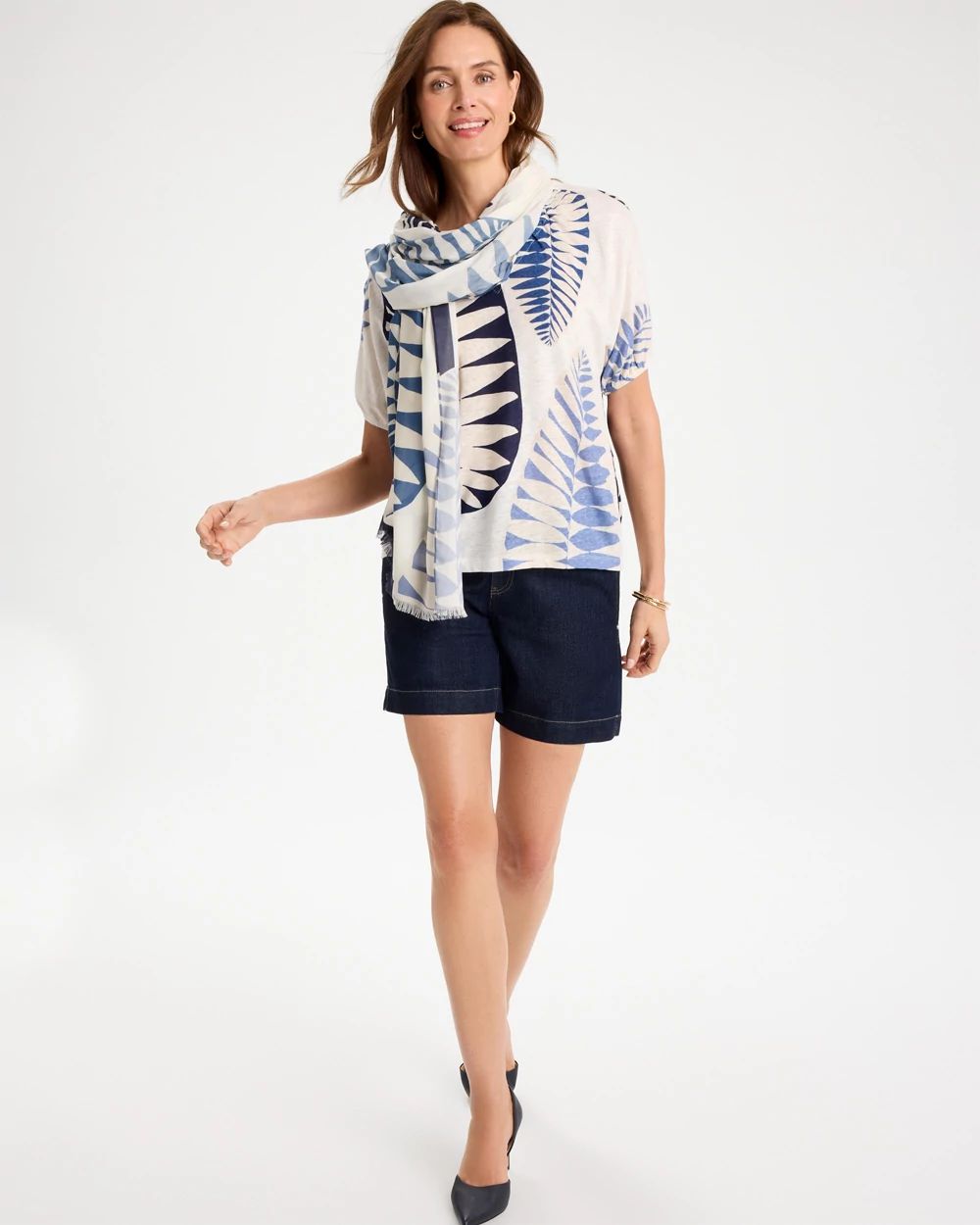 Leaf Print Linen Ruched V-Neck Tee click to view larger image.