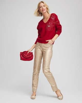 Floral Embellished Dolman V-Neck Pullover click to view larger image.