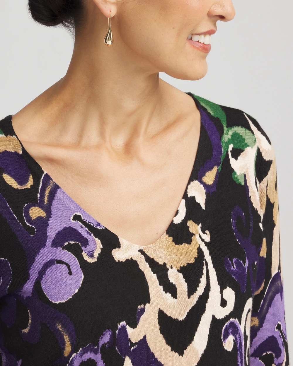 Scroll Print V-Neck Pullover Sweater