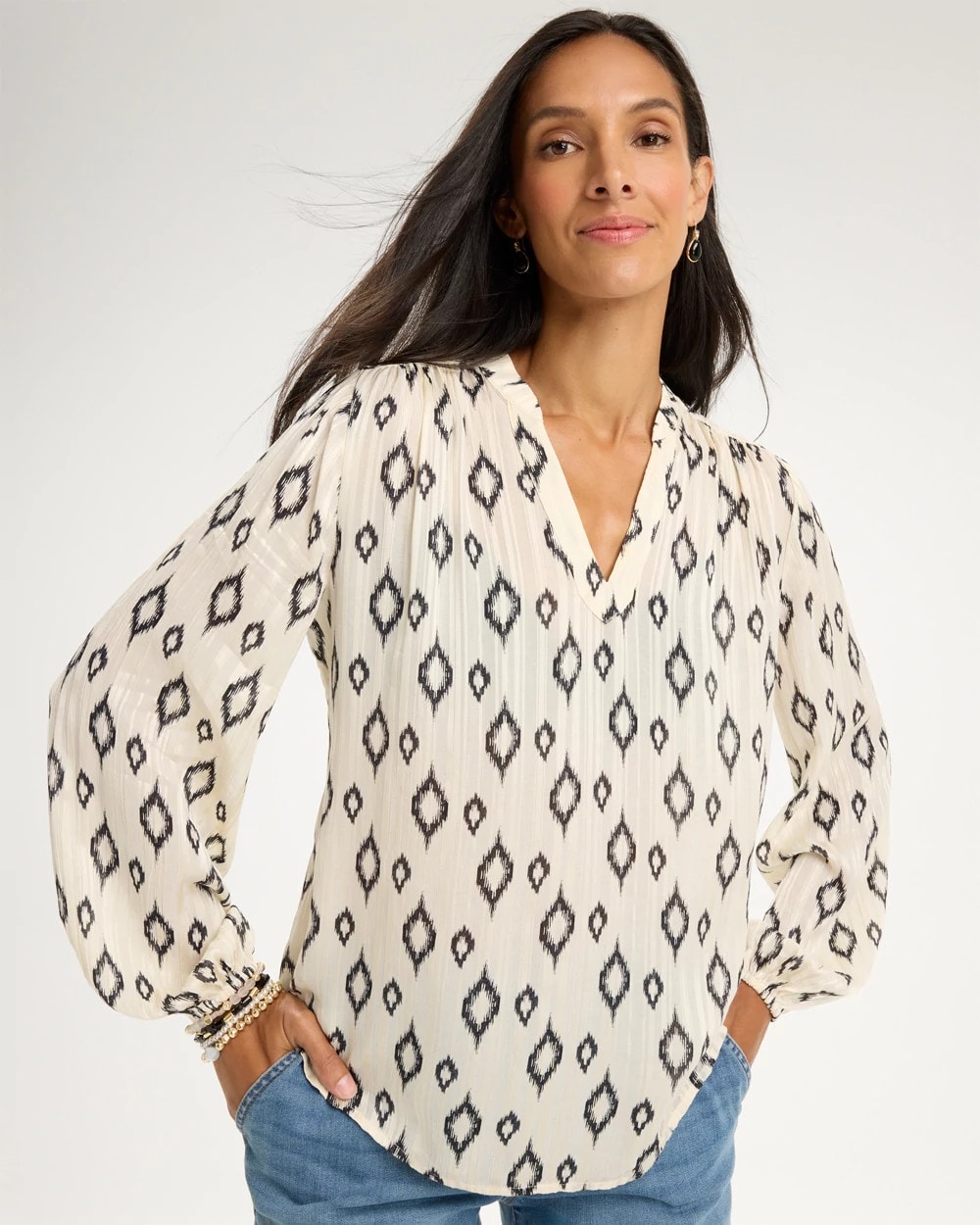 Satin Georgette Geo Long Sleeve Blouse