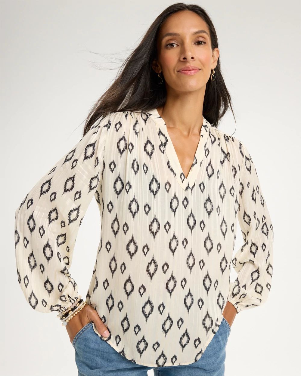 Satin Georgette Geo Long Sleeve Blouse