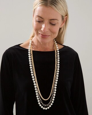 Long Three-Strand Faux Pearl Necklace