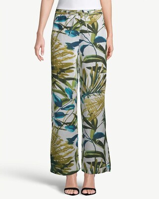 Wide-Leg Drawstring Leaf-Print Linen Pants