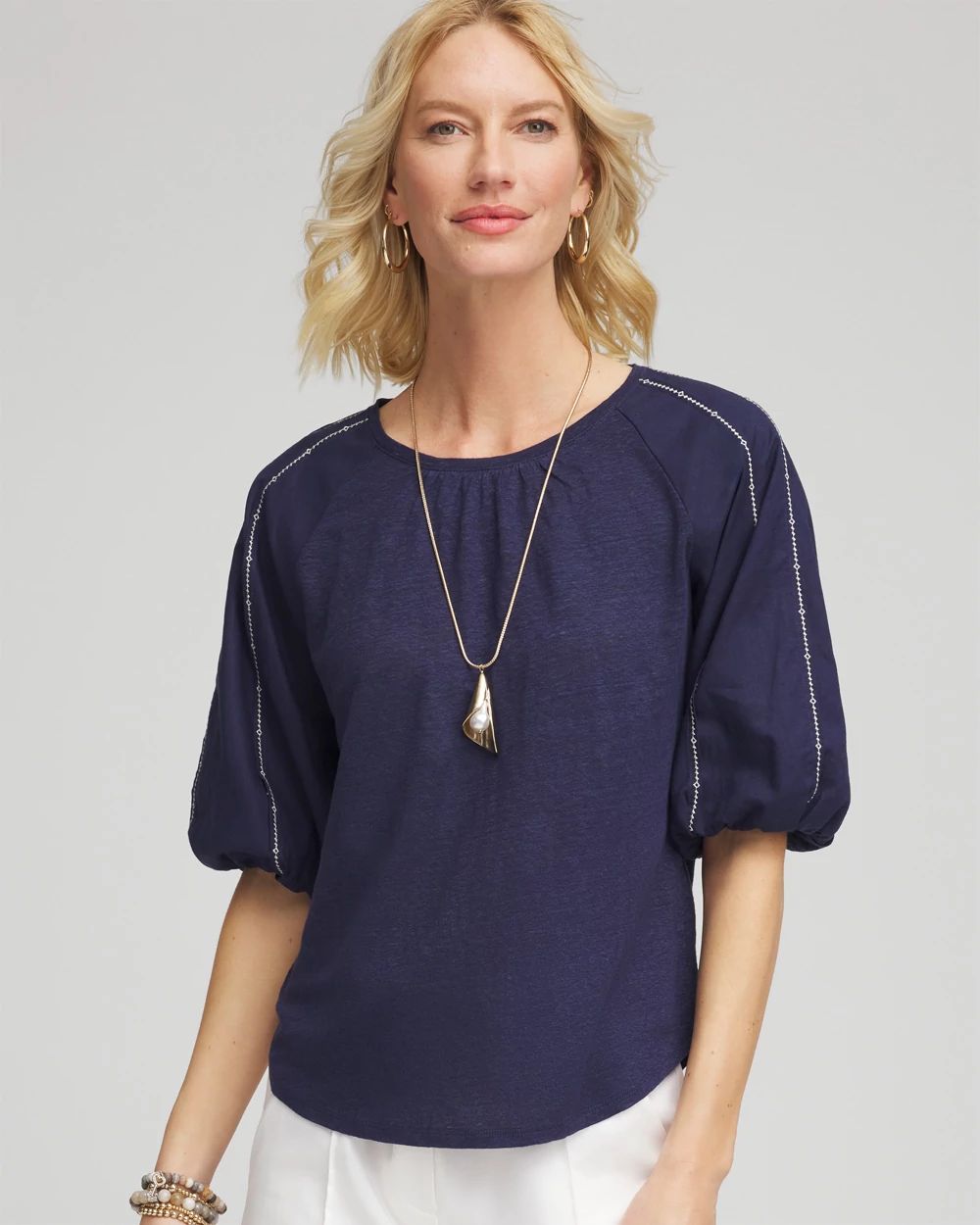 Linen Balloon-Sleeve Blouse