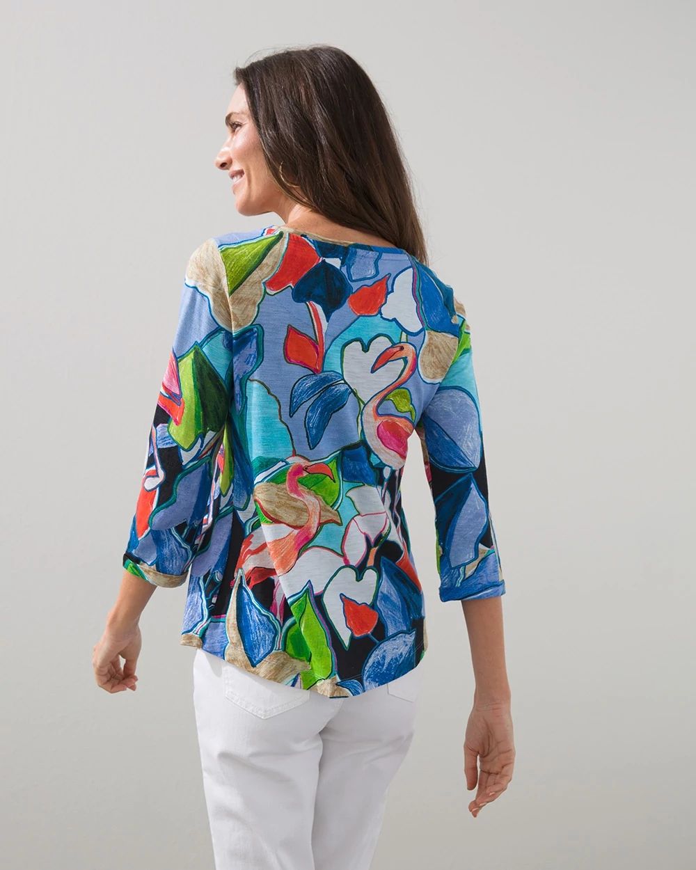 3/4 Sleeve Tropical Print Slub Tee