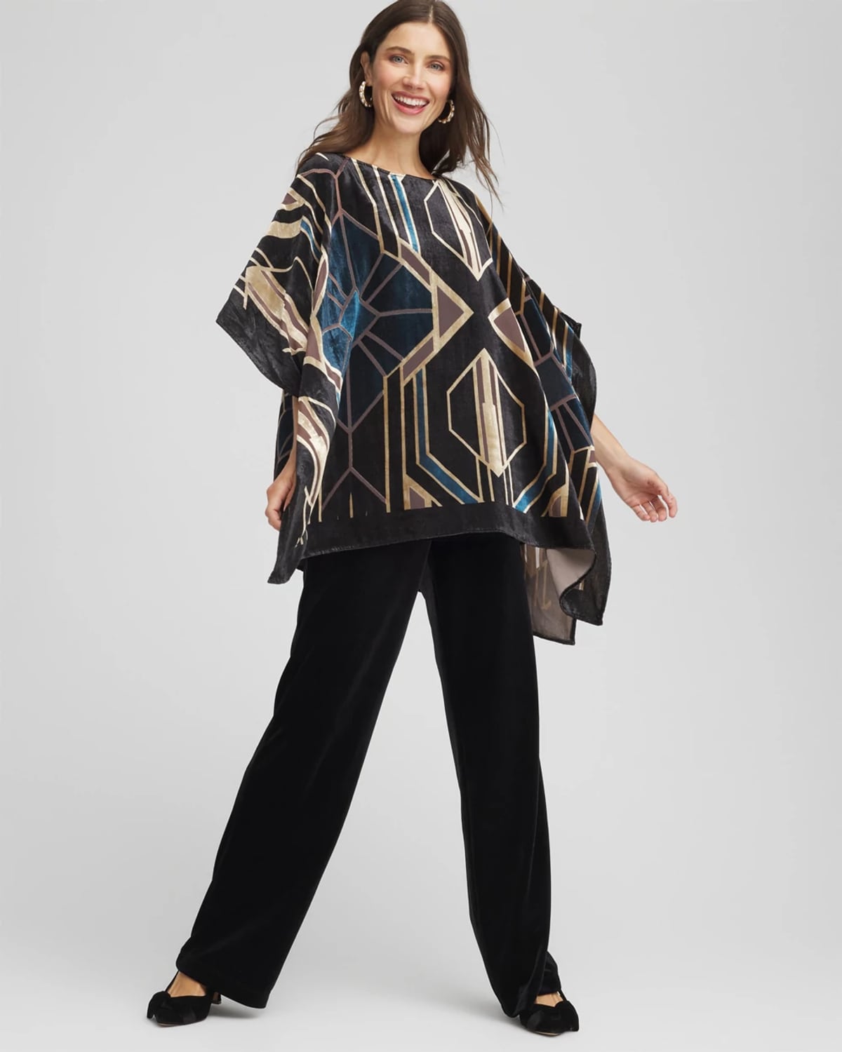 Chico's Travelers Art Deco Burnout Velvet Poncho In Black