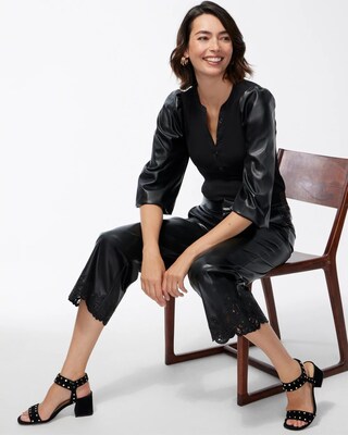 Faux Leather Sleeve Henley Top