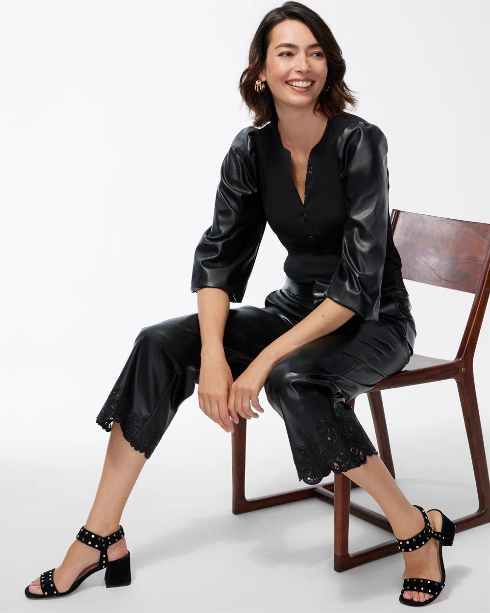 Faux Leather Sleeve Henley Top