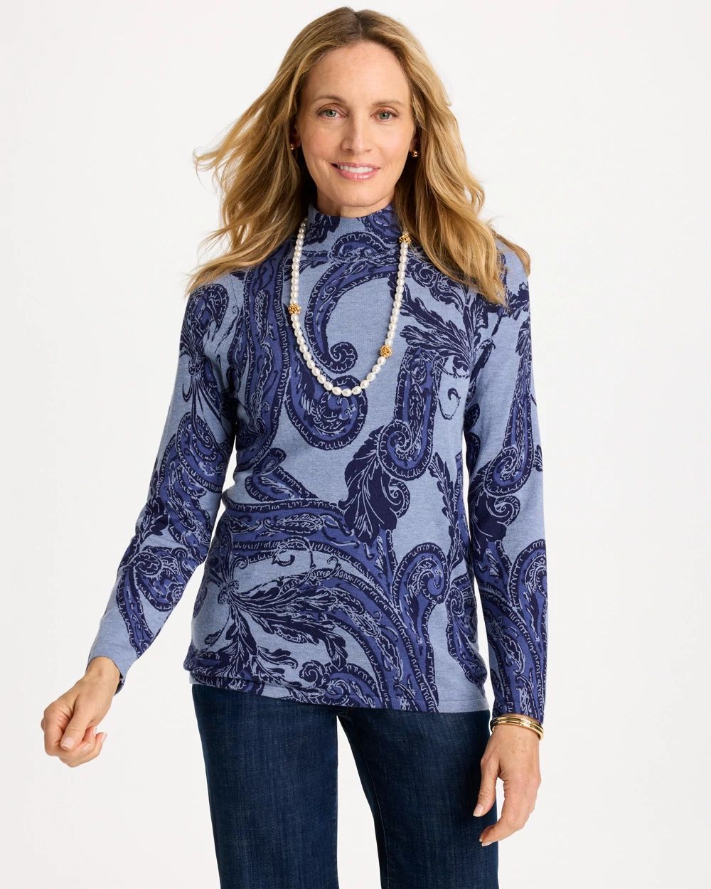 Printed Ella Button Mockneck Sweater