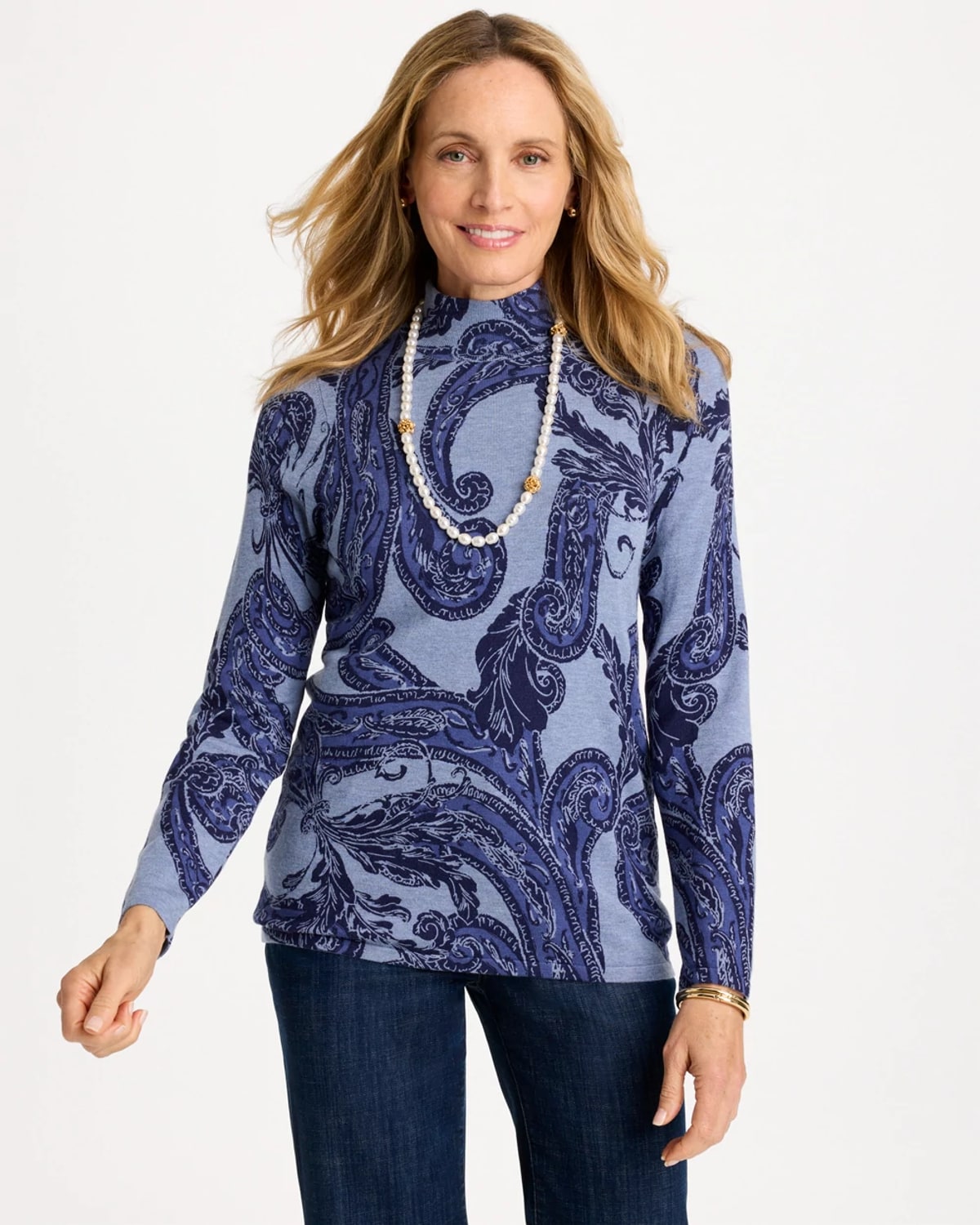 Chico's Printed Ella Button Mockneck Sweater In Blue In Passport Blue