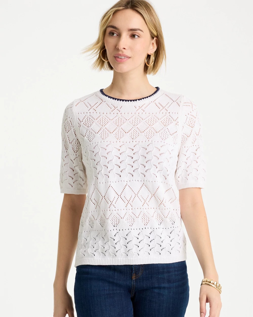 Pointelle Blanket-Stitch Pullover Sweater