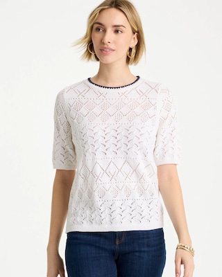 Pointelle Blanket-Stitch Pullover Sweater