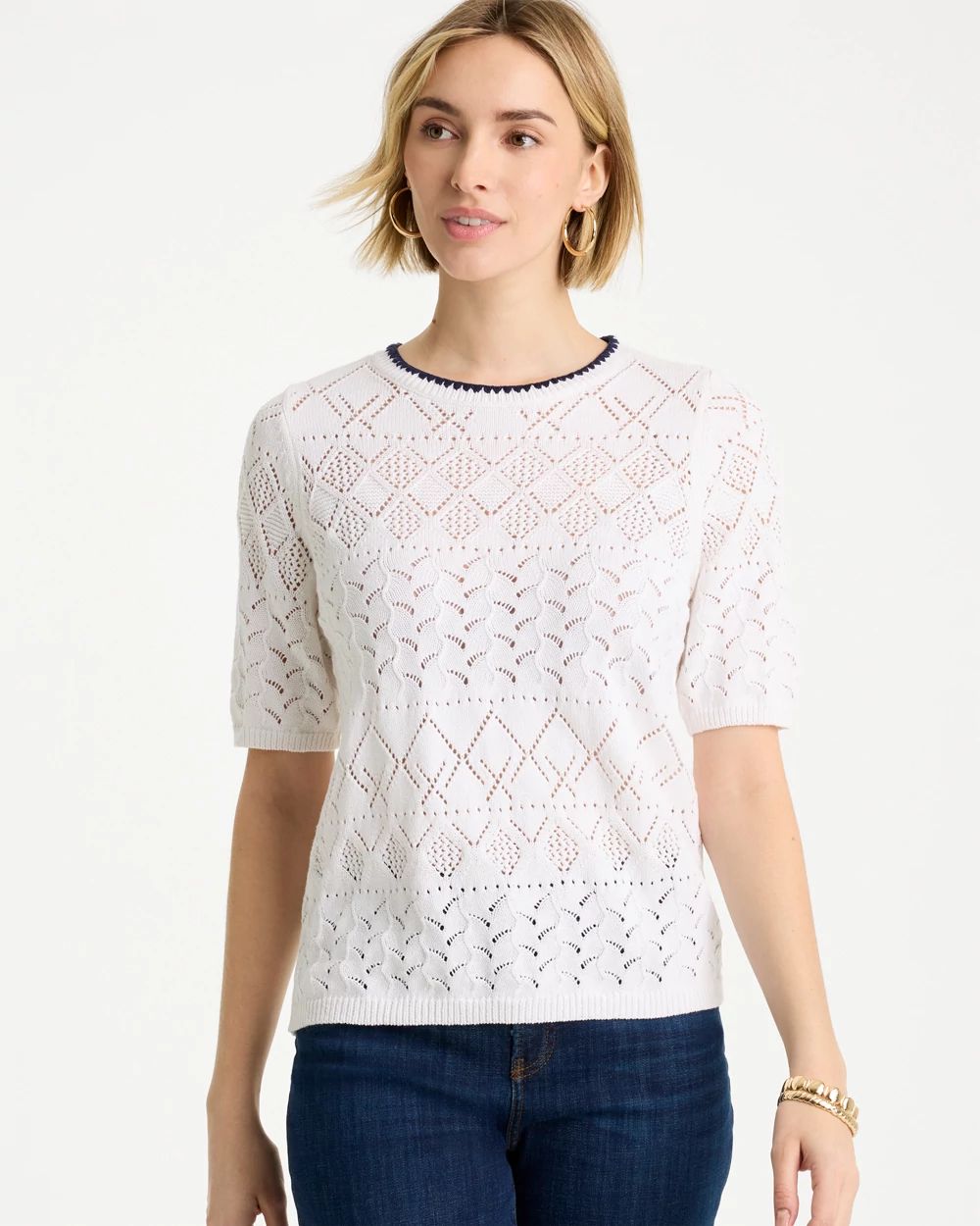 Pointelle Blanket-Stitch Pullover Sweater