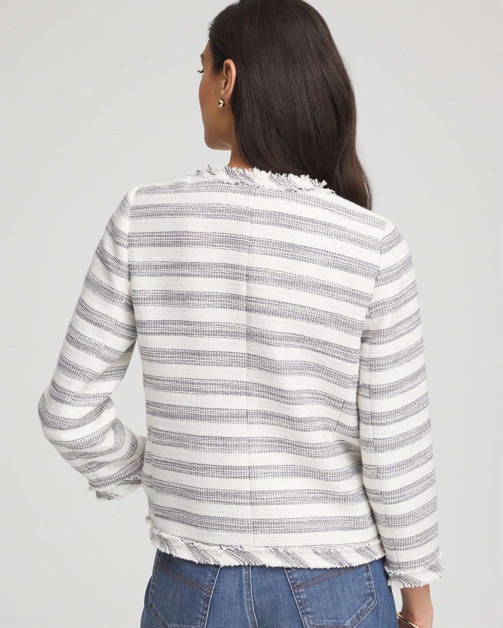 Striped Tweed Collarless Box Jacket click to view larger image.