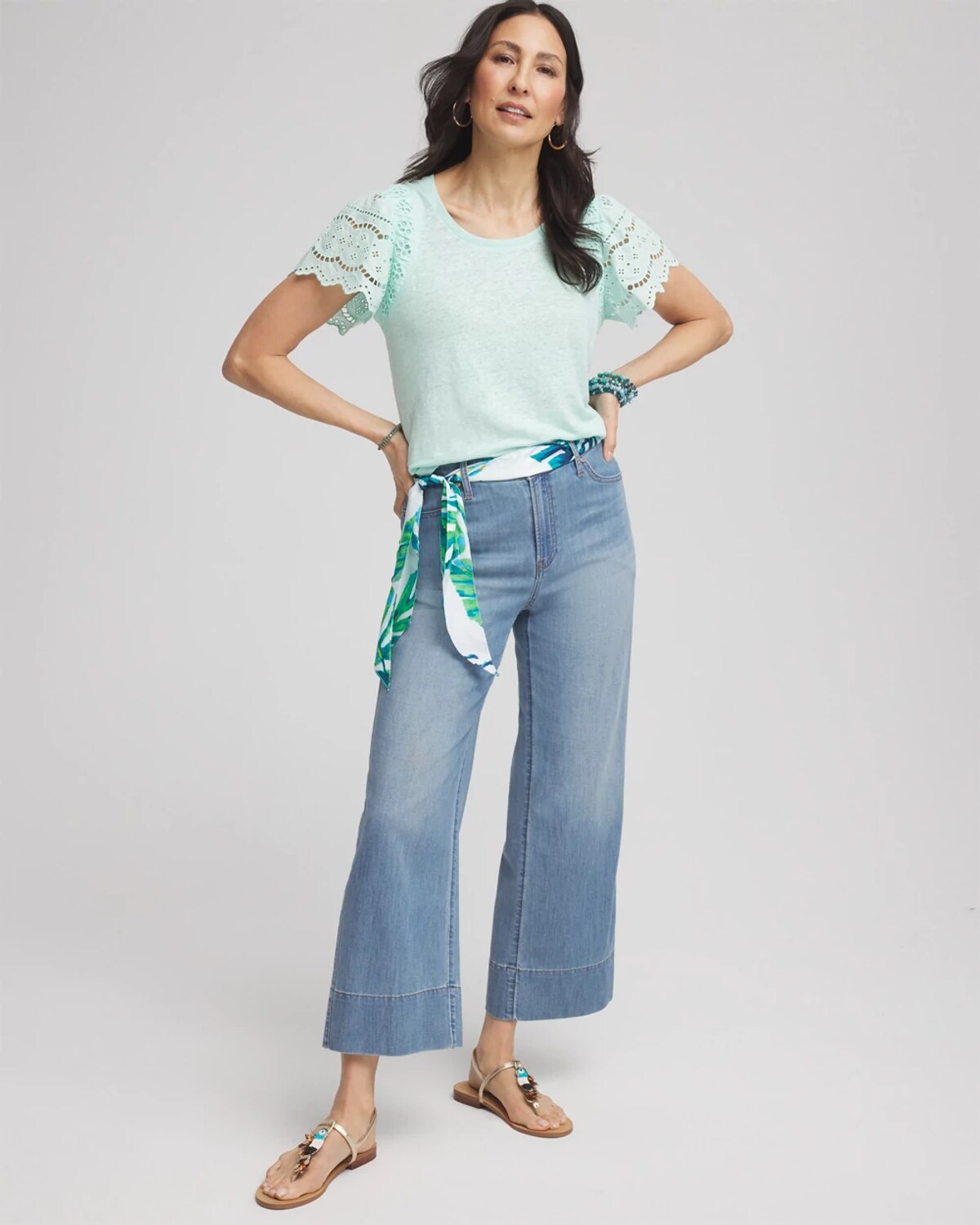 Chico's Linen Embroidered Lace Tee In Blue