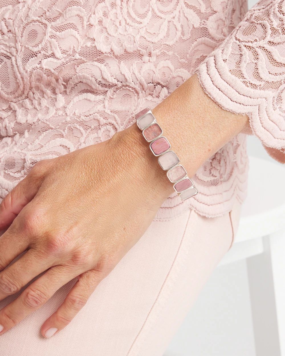 Quartz & Rhodonite Stone Silvertone Square Stretch