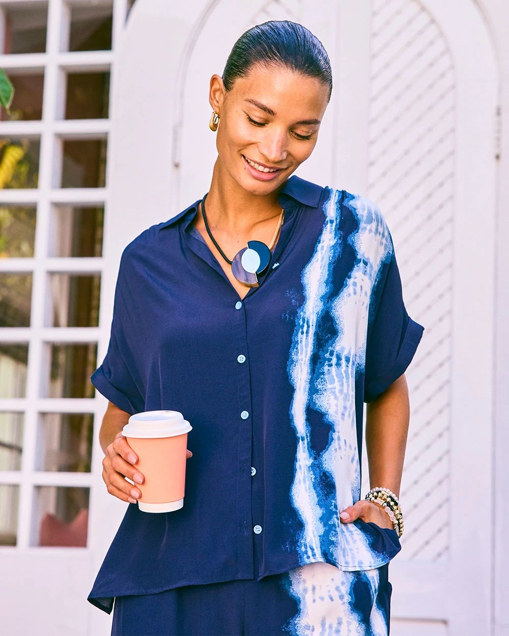 Faux Silk Henley Colorblock Top