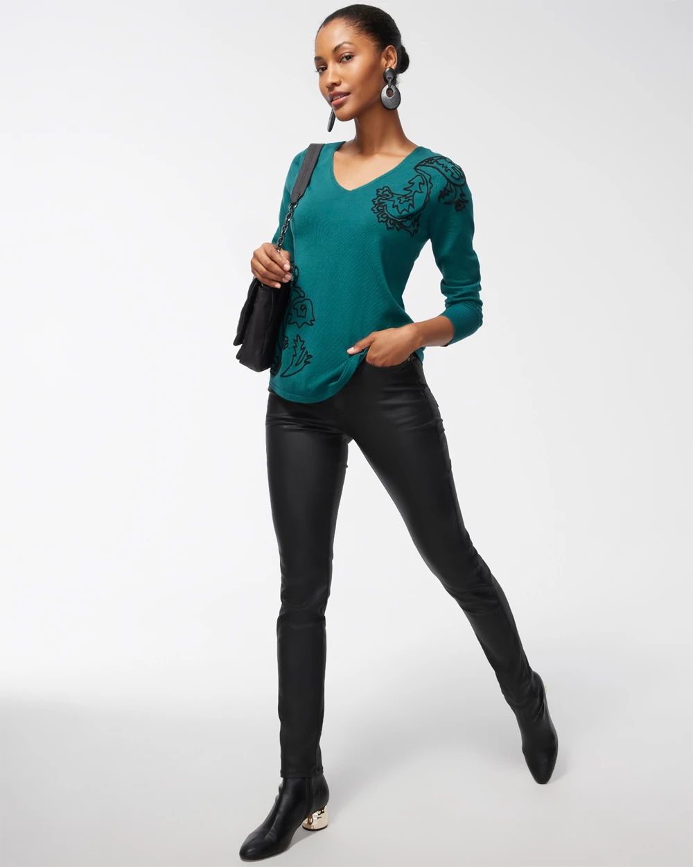 Spun Rayon Embroidered V-Neck Sweater