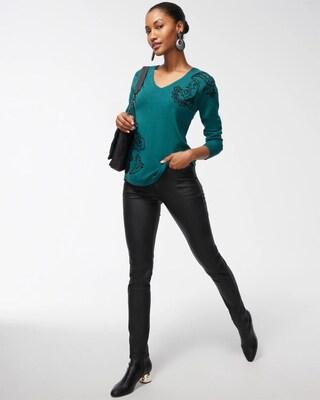 Spun Rayon Embroidered V-Neck Sweater