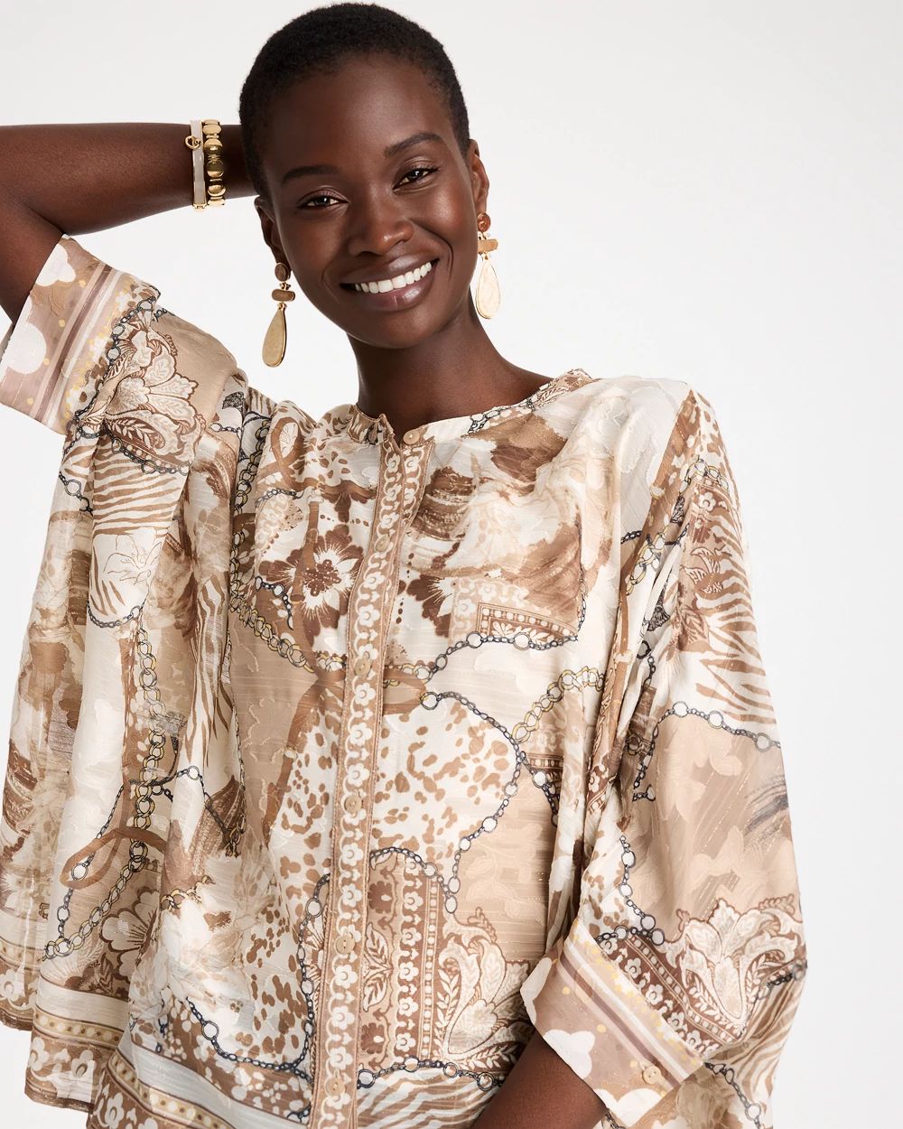 Printed Button-Down Poncho click to view larger image.