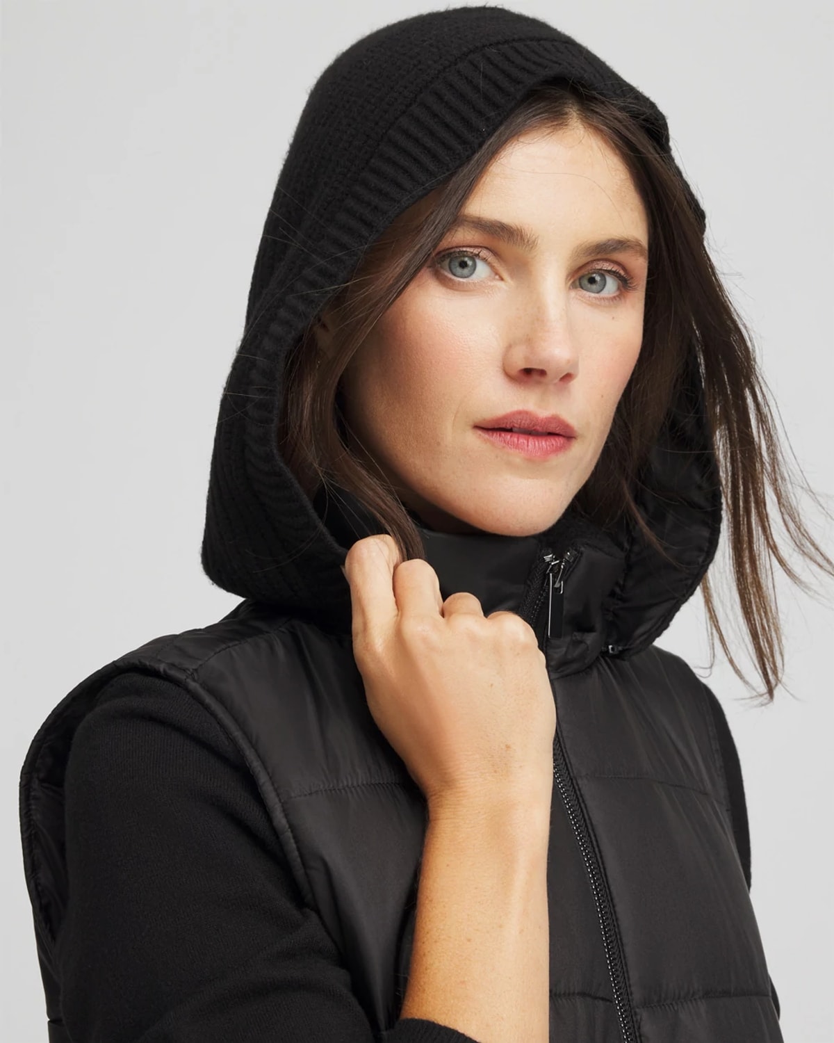 Chico's Quilted Hooded Vest In Black In Black