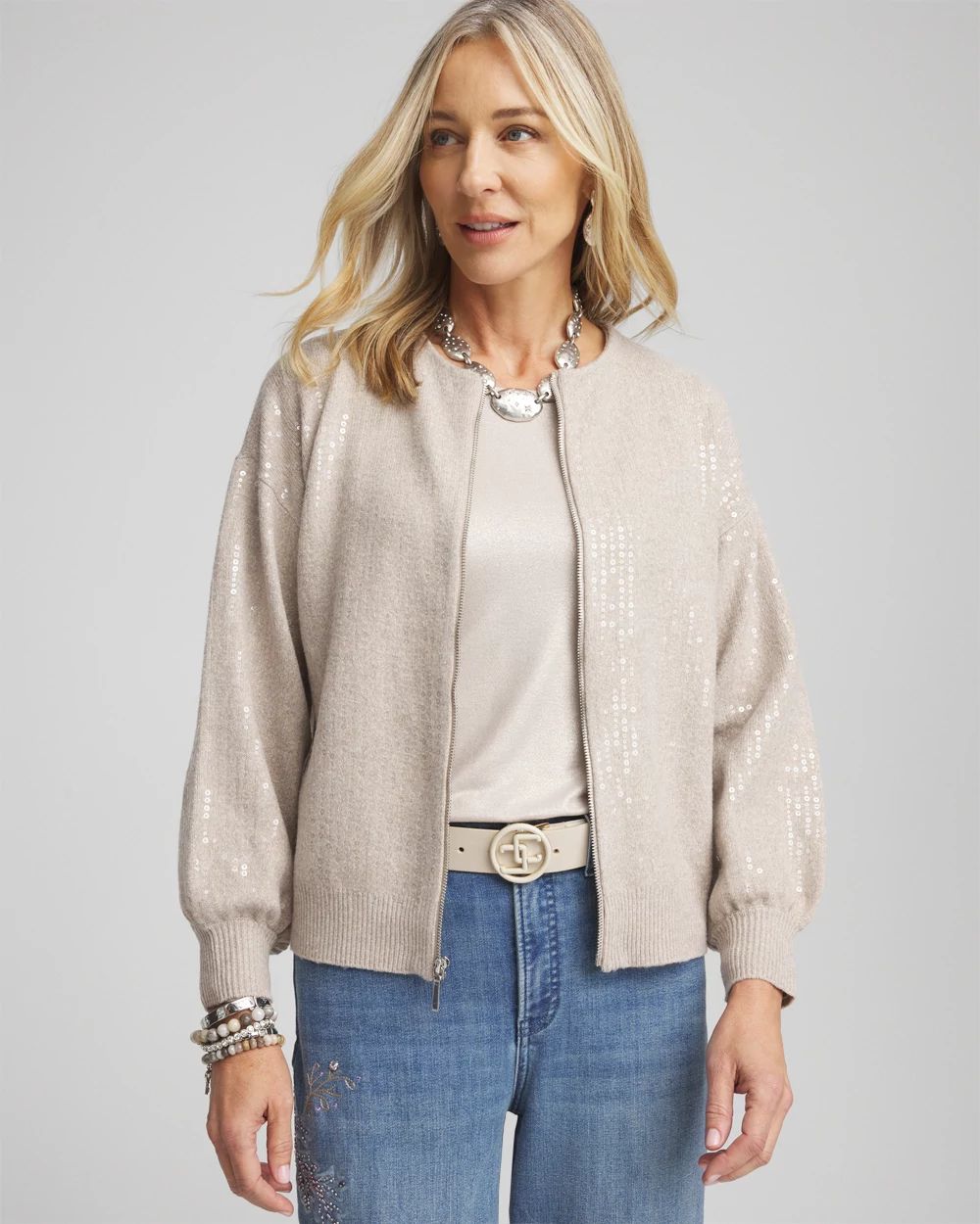 Sequin Zip Front Cardigan