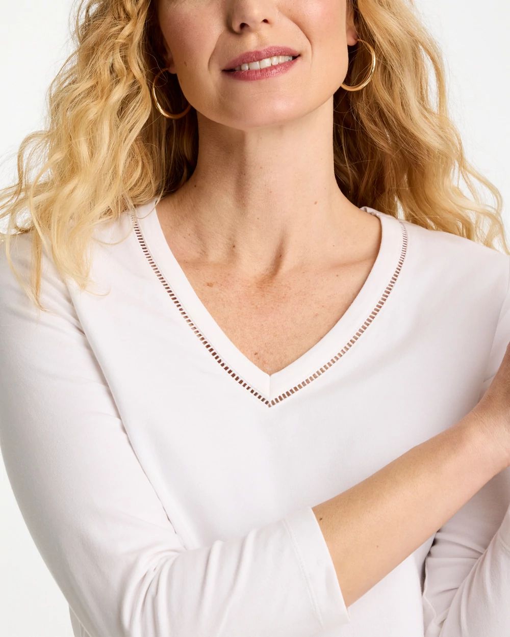 Trim Detail Cotton Stretch 3/4 Sleeve Tee