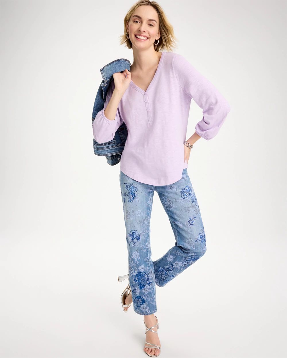 Puff Sleeve Cotton Slub Henley Tee click to view larger image.