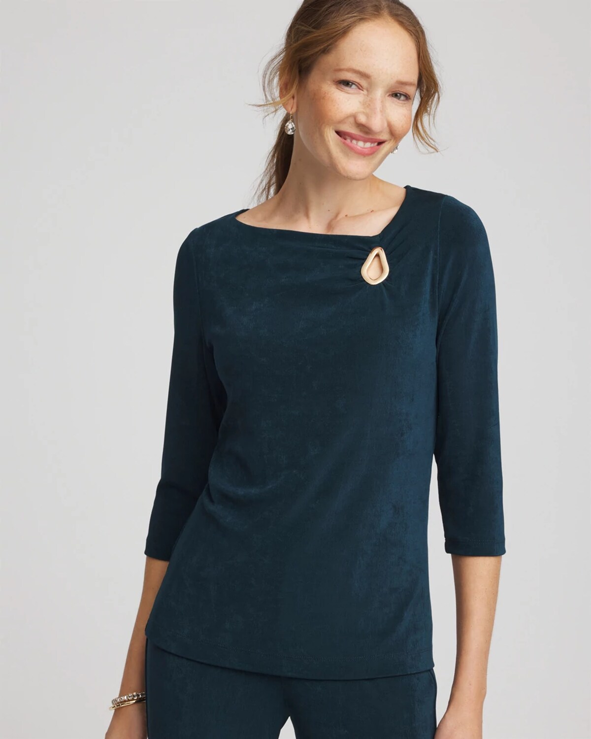 Chico's Travelers™ Asymmetrical 3/4 Sleeve Top In Teal Shadow