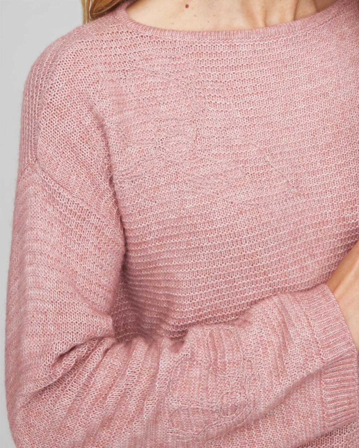 Chico's Tonal Embroidered Boatneck Pullover Sweater In Dusty Rose In Pink
