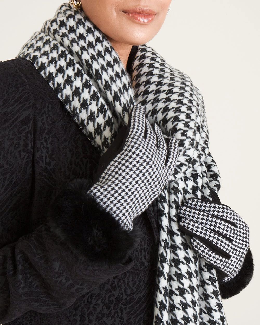 Houndstooth Faux-Fur Cuff Gloves
