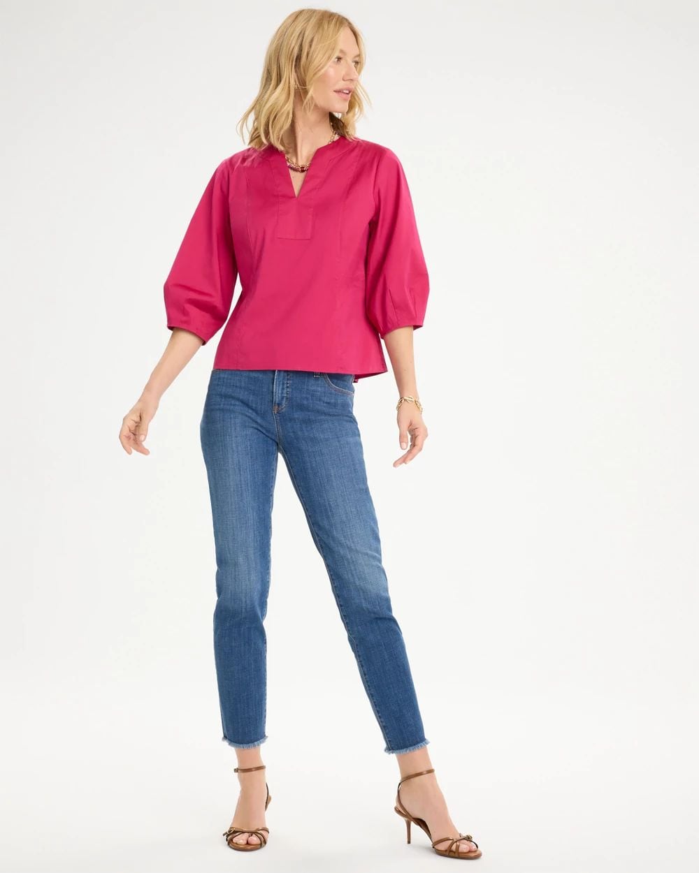 Poplin Cotton 3/4 Sleeve Popover click to view larger image.