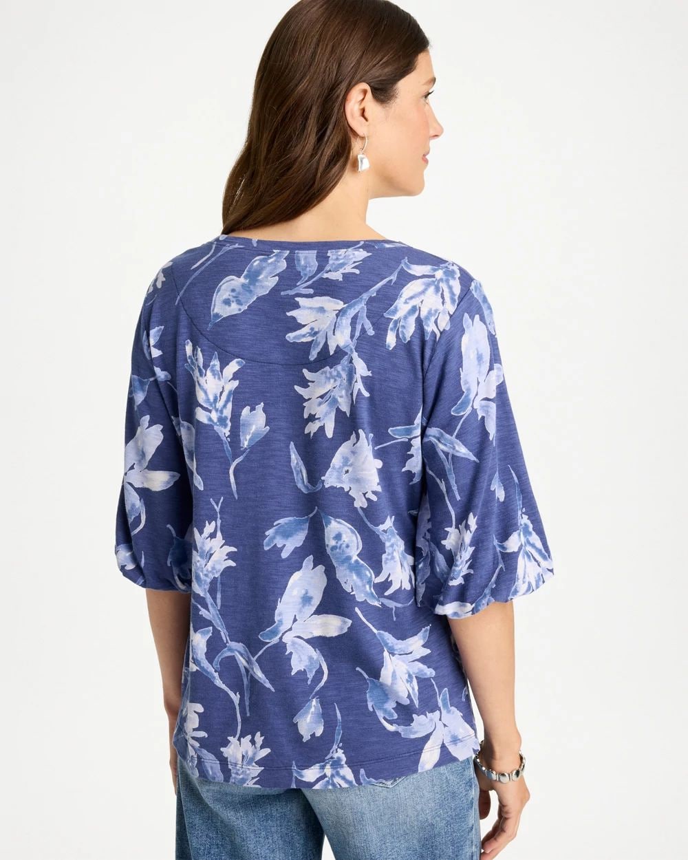 Printed Cotton Slub Poplin Pleat Sleeve Tee click to view larger image.