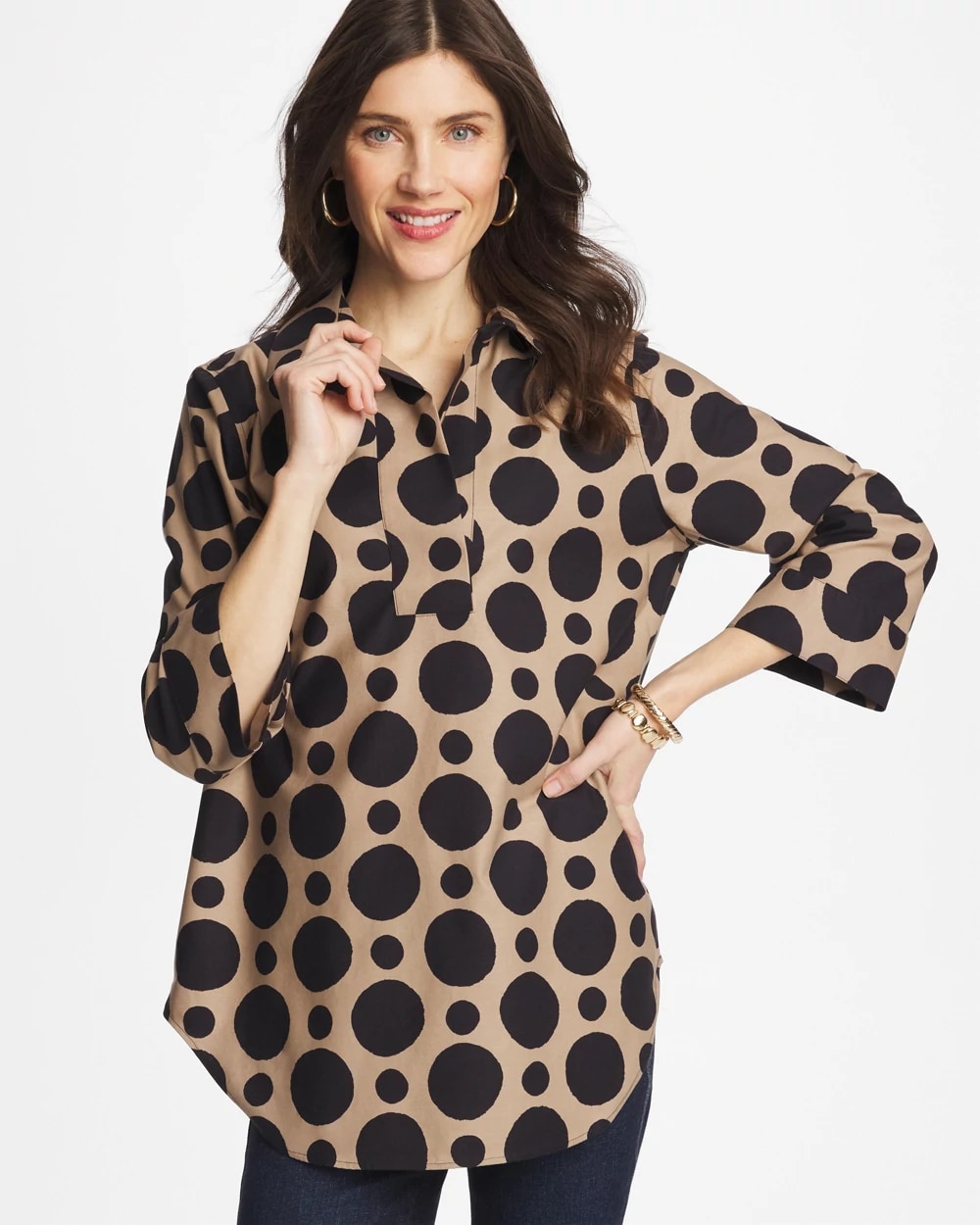 No Iron™ Stretch Global Dots Popover Tunic, photo 1 of 5