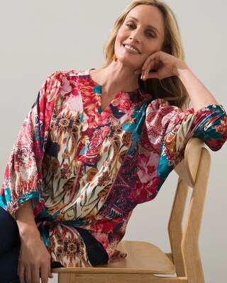 Satin Tapestry Print Tie Front Top
