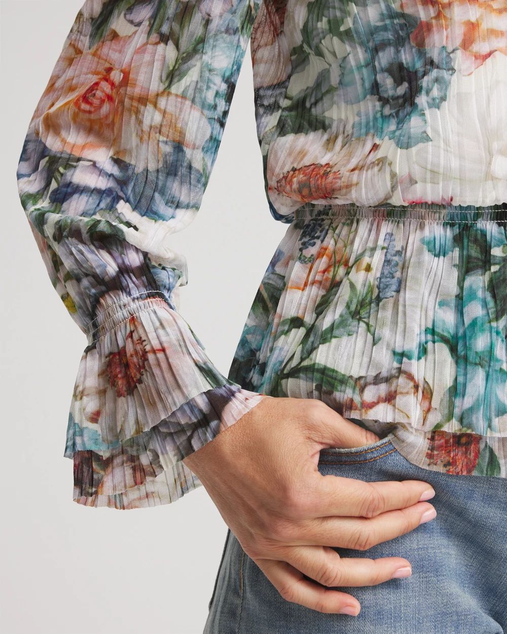 Rose-Print Crinkle Mockneck Tee