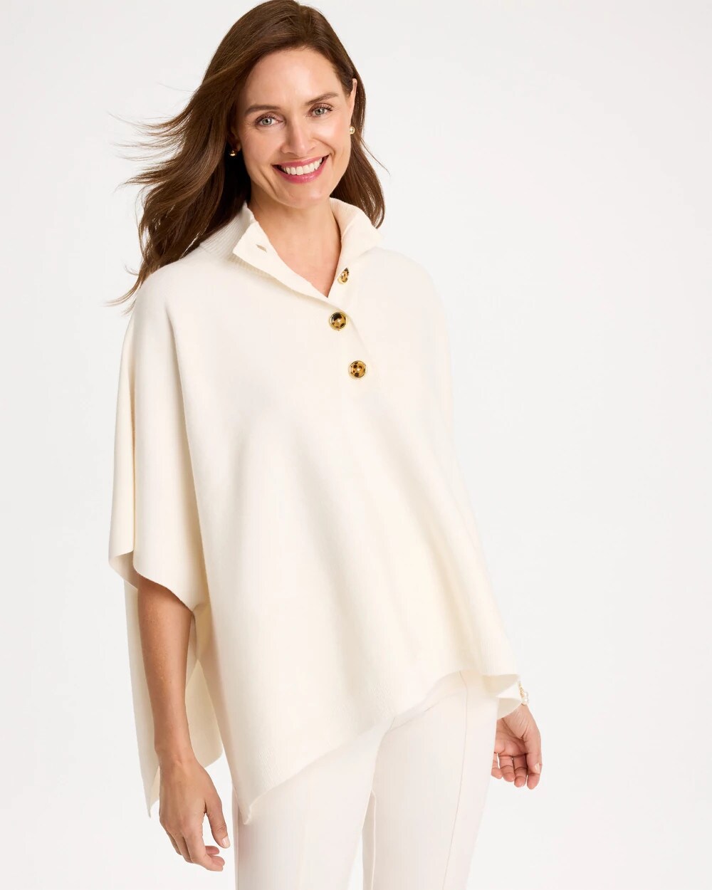Chico's Button Mockneck Sweater Poncho In Soft Ivory