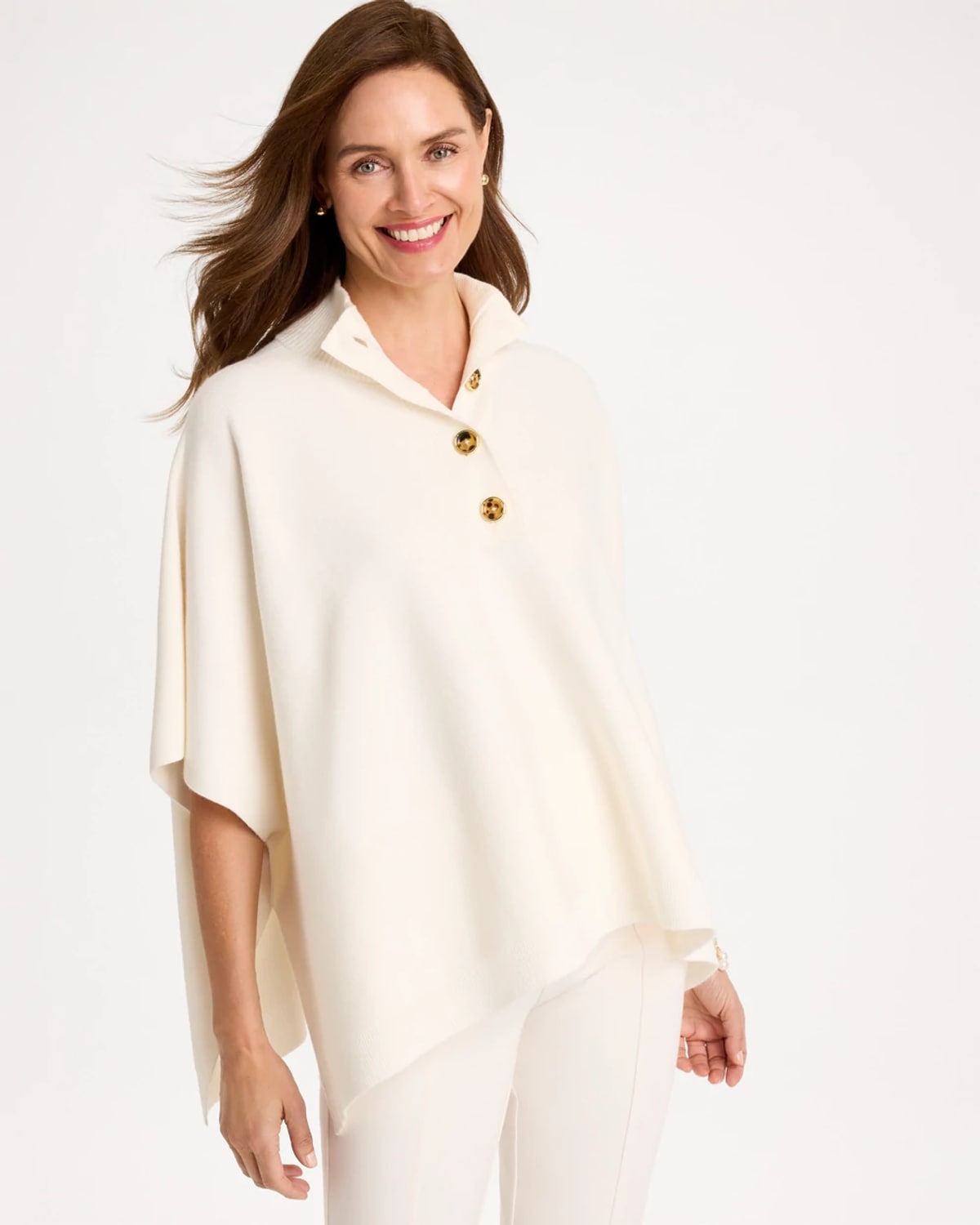 Chico's Button Mockneck Sweater Poncho In Soft Ivory