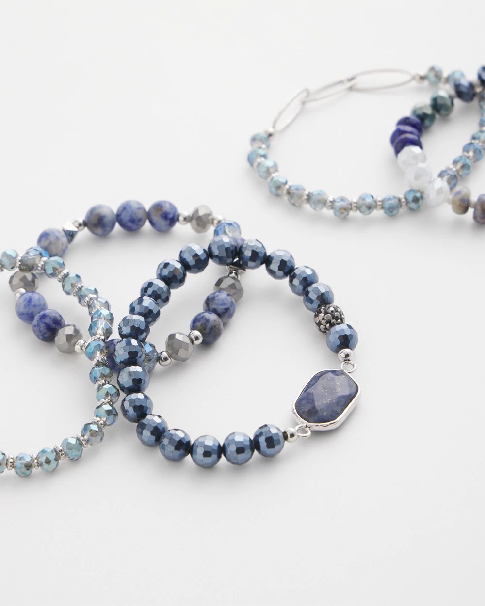 Set of Five Blue Beaded Stretch Bracelets