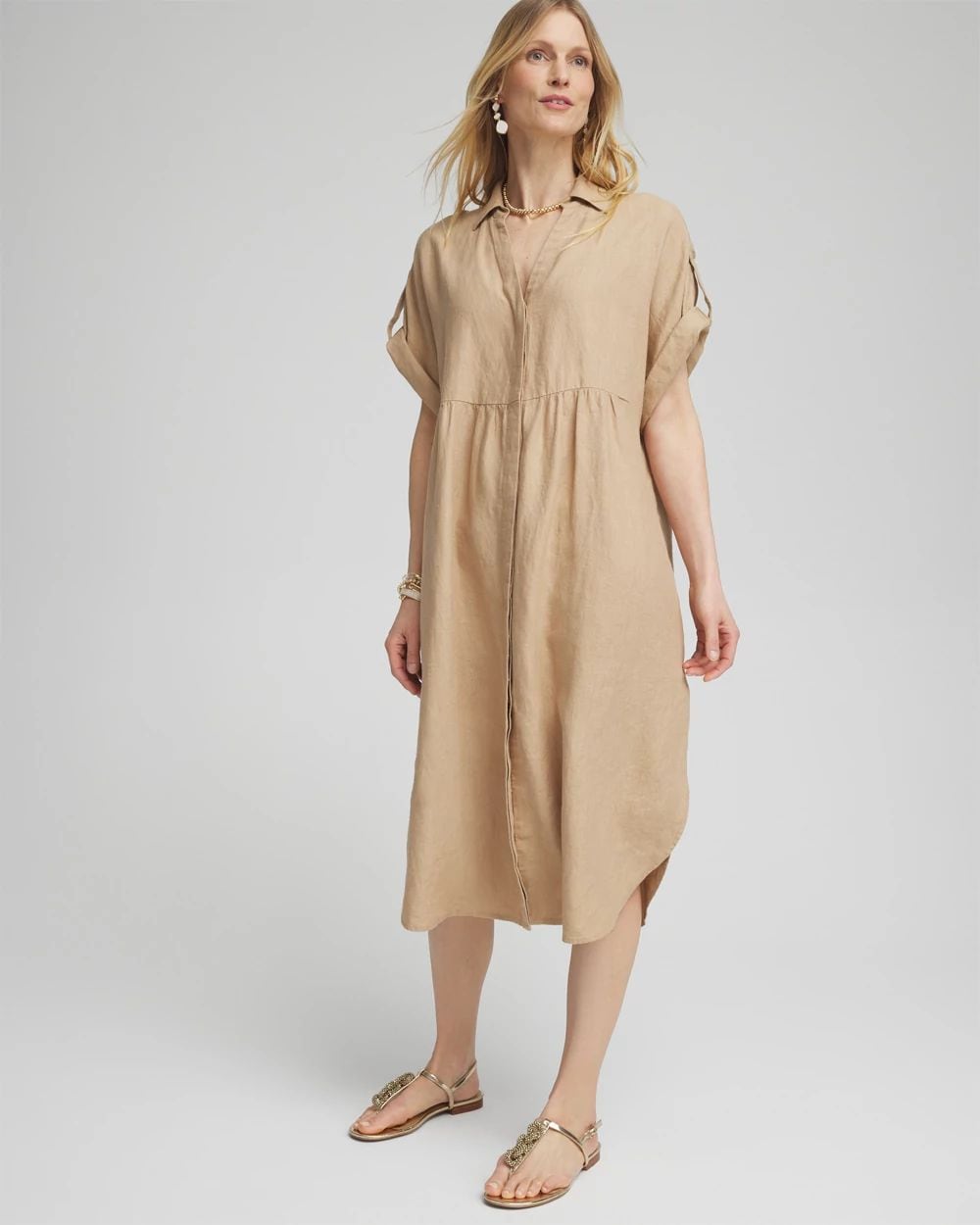 Linen Roll Tab Dolman Midi Dress