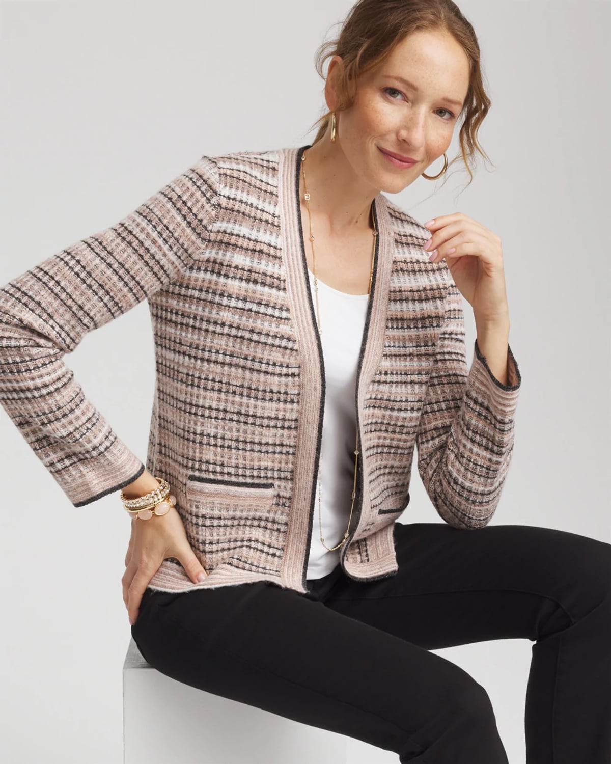 Chico's Sunset Abstract Sweater Jacket In Black In Multi