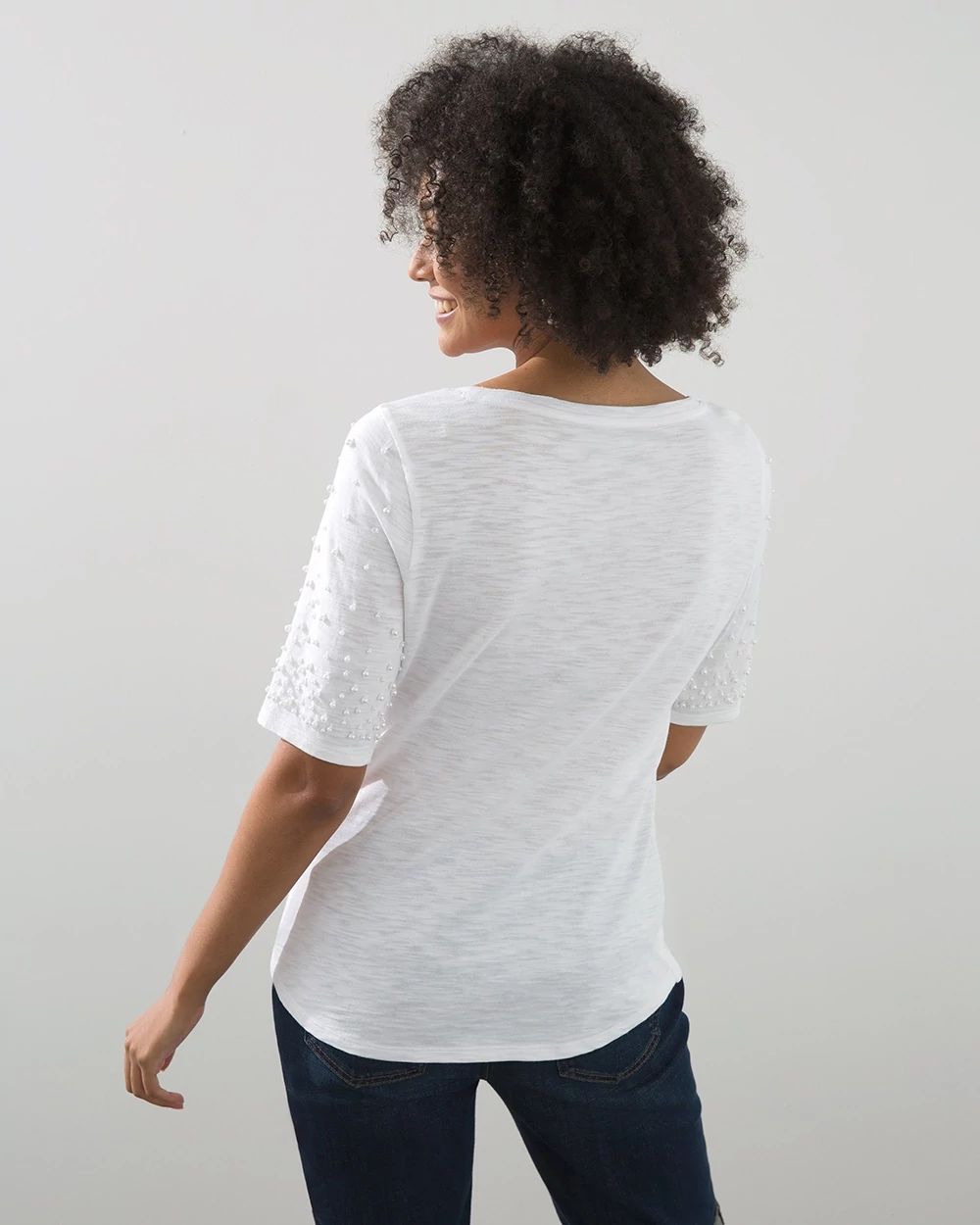 Faux Pearl Sleeve Slub Tee