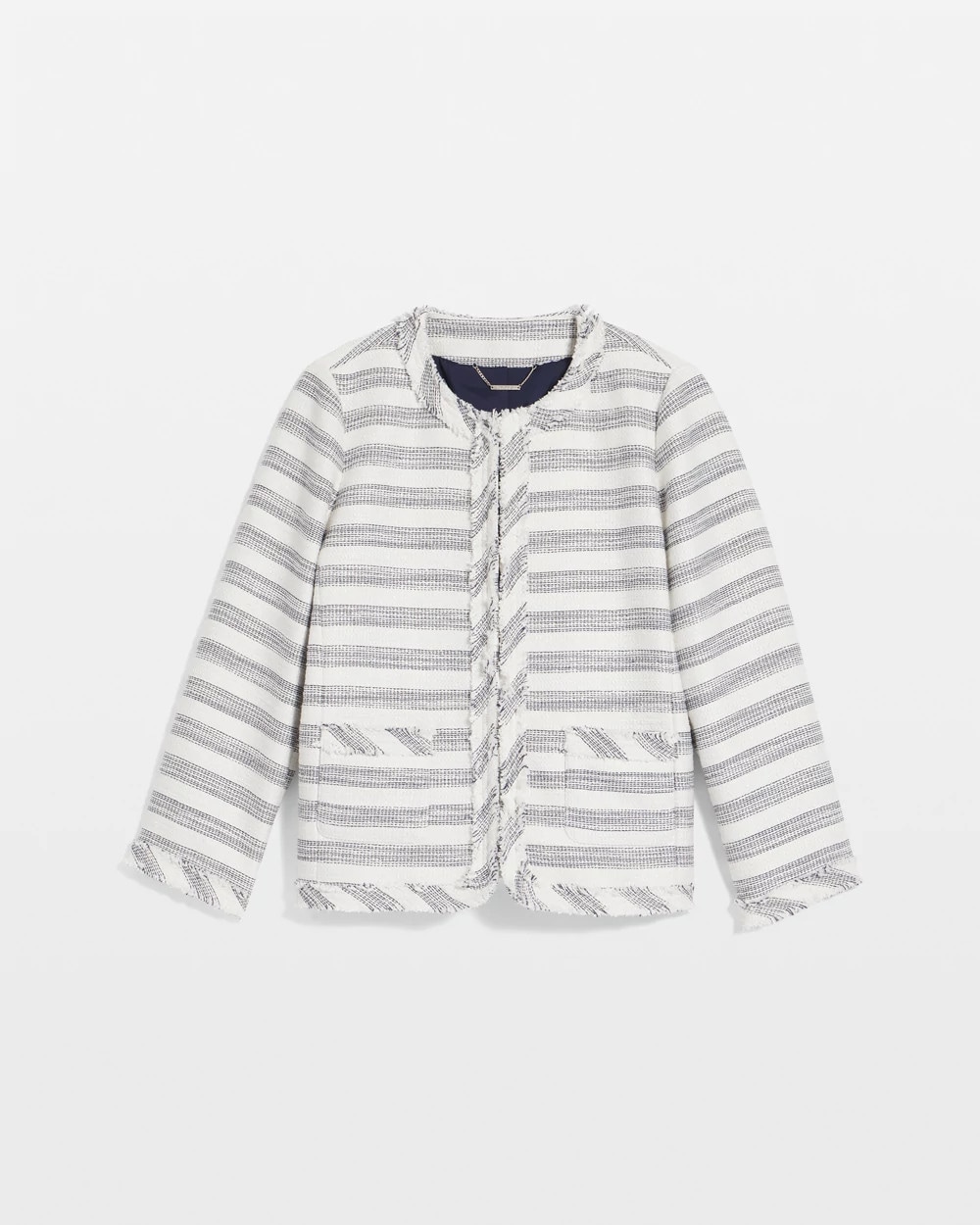 Striped Tweed Collarless Box Jacket