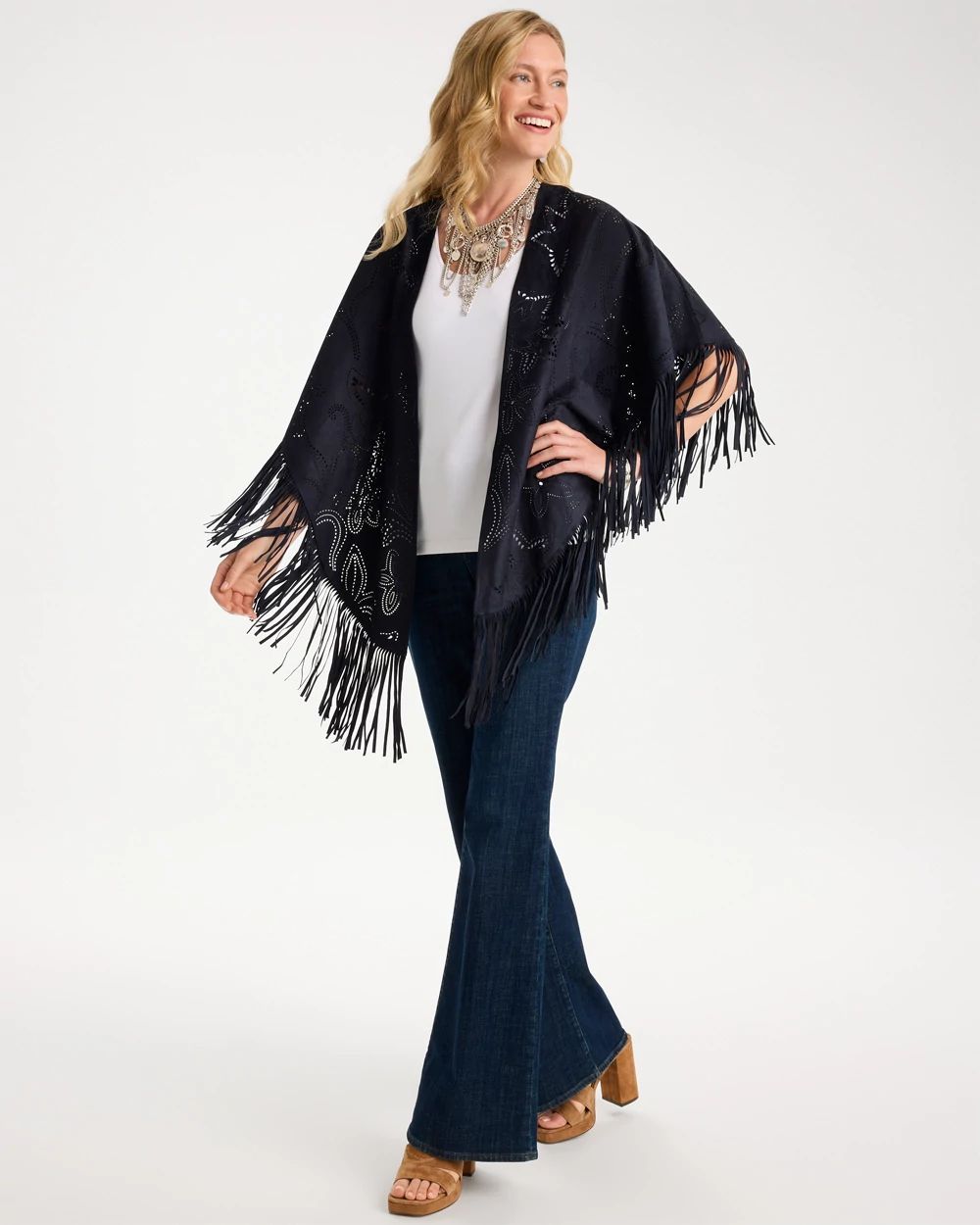 Cutout Faux Suede Fringe Ruana click to view larger image.
