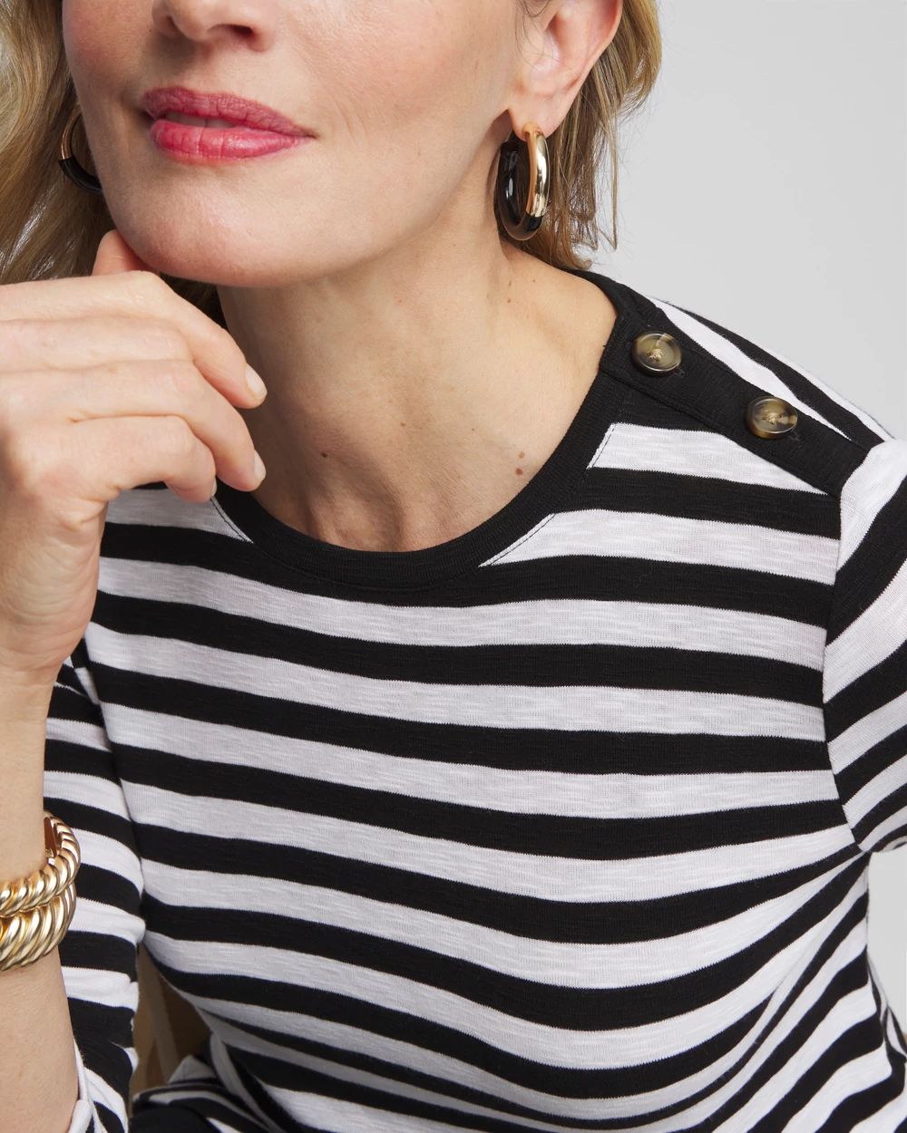 Stripe Button Trim Ribbed Tunic